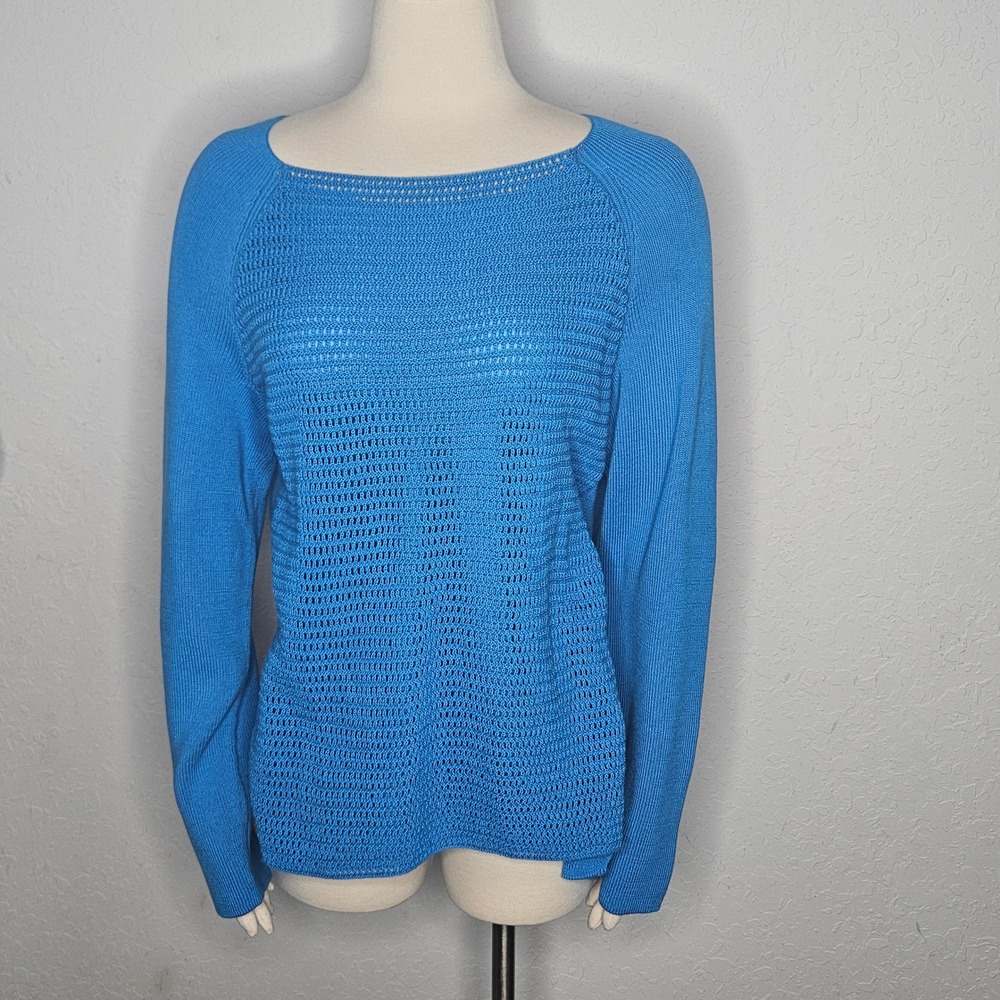 Lafayette 148 New York Blue Cotton‎ Knit Boat Neck Sweater Top Size L